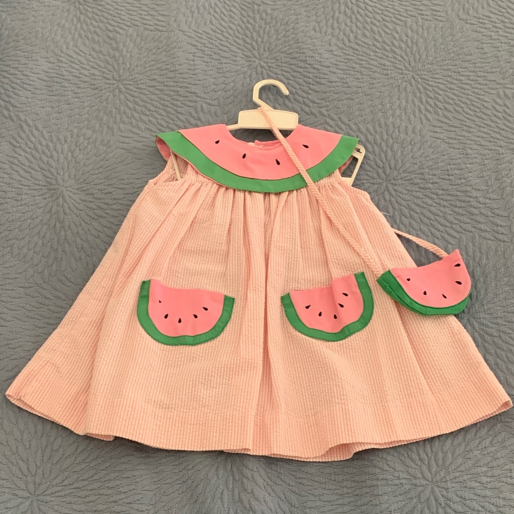Little Girl’s Pink and White Seersucker Watermelon Dress & Matching Purse